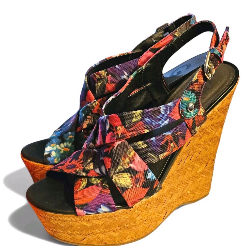 G By Guess Havanna 2 Sandals/Wedge Heels Size 7 1/2 Floral Print 5 1/2" Heels